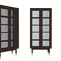Dark Wooden Wardrobe Design With Glass Doors Vertical Stripes And Metal Legs
