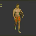 Shirtless Man Walking With Black Basketball Wearing Orange Shorts Against Gray Background