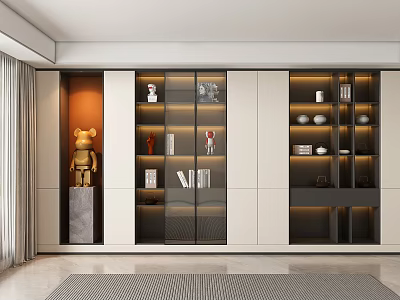 Modern Bookcase Design Featuring Glass Doors Wooden Shelves Books And Decorative Items 3d model