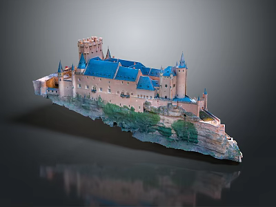 Ancient Castle Architecture With Blue Roof Spire Towers On Rocky Cliff Greenery And Reflection 3d model