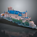 Ancient Castle Architecture With Blue Roof Spire Towers On Rocky Cliff Greenery And Reflection
