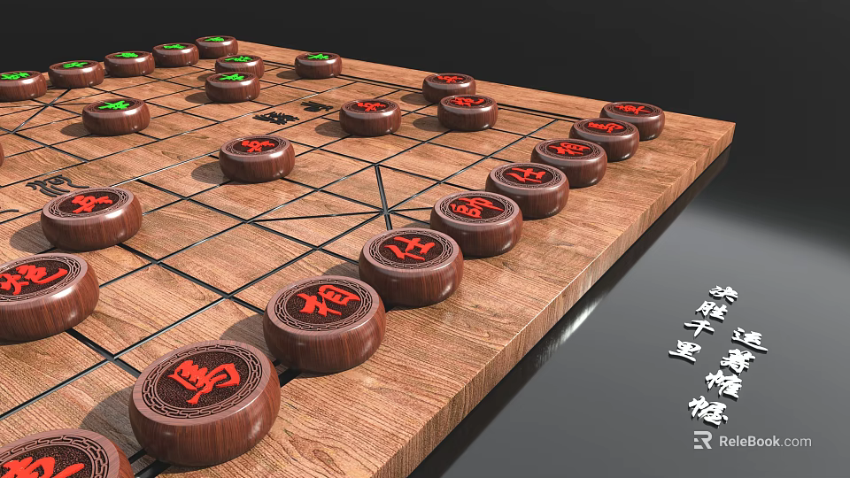 Traditional Chinese Chess Game with Wooden Board and Red Green Pieces for Entertainment 3d model 