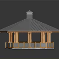 Outdoor Octagonal Gazebo Design With Gray Roof Wooden Pillars Railing And Cupola Top