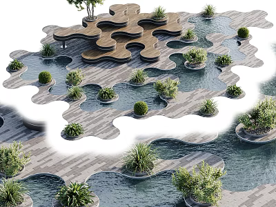 Tranquil Water Fountain Landscape With Interconnected Wooden Platforms Green Bushes And Flowing Water 3d model