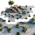Tranquil Water Fountain Landscape With Interconnected Wooden Platforms Green Bushes And Flowing Water