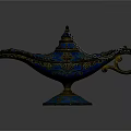 Traditional Ornate Blue Arabian Lamp With Golden Decorations And Colorful Gemstones