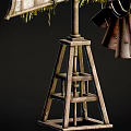 Rusted Windmill Equipment With Metal Blades Moss Growth And Wooden Stand