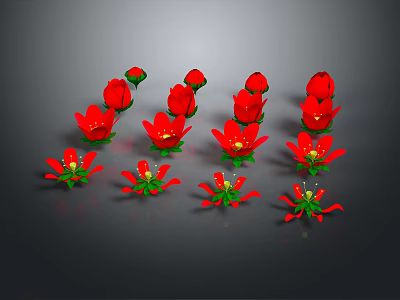 Vibrant Red Flowers With Green Leaves Arranged On Gray Background For Natural 3d model