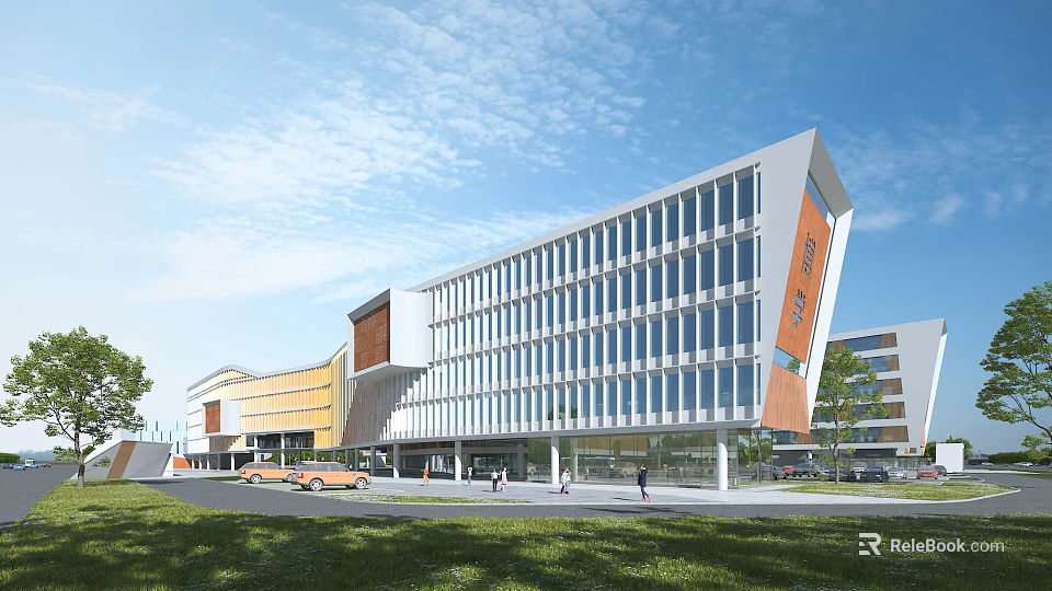 Modern School Building With Orange White Exterior Large Glass Facade Green Lawns Blue Sky Clouds 3d model 