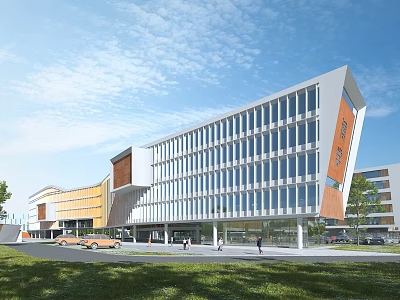 Modern School Building With Orange White Exterior Large Glass Facade Green Lawns Blue Sky Clouds 3d model