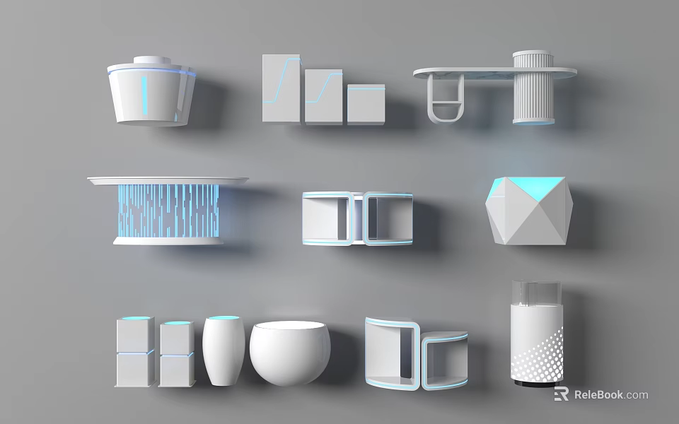 Contemporary Display Shelving Units With White Finish Geometric Shapes And LED Lights 3d model 
