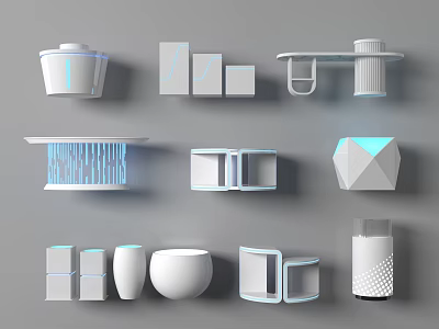 Contemporary Display Shelving Units With White Finish Geometric Shapes And LED Lights 3d model