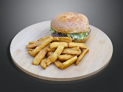 Juicy Burger With Fresh Lettuce And Crispy Fries On Wooden Cutting Board 3d model