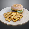 Juicy Burger With Fresh Lettuce And Crispy Fries On Wooden Cutting Board
