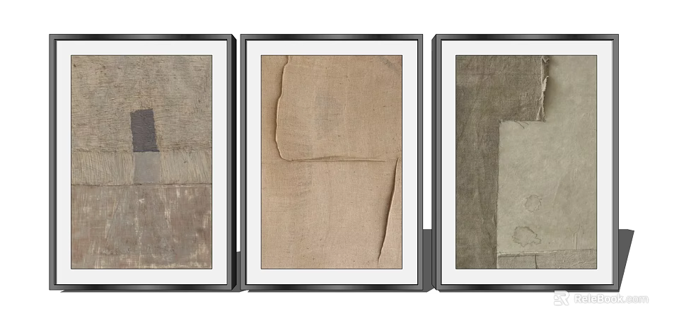 Three Panel Modern Wall Art With Black Frame And Textured Natural Material 3d model 