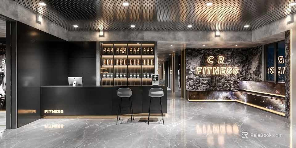 Modern CR Fitness Reception Desk Design With Bar Stools And Interior Decor 3d model