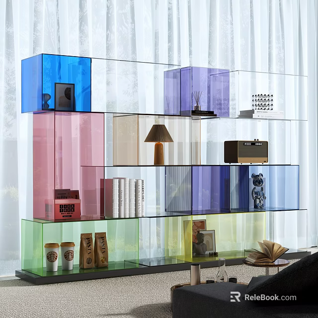 Modern Colorful Transparent Cube Bookshelf With Books Lamp And Decor Items 3d model 