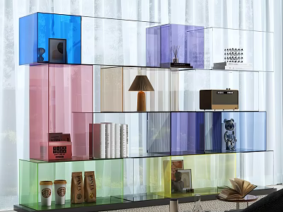 Modern Colorful Transparent Cube Bookshelf With Books Lamp And Decor Items 3d model