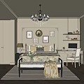 Elegant Classic Bedroom Interior With Chandelier Framed Art Round Mirror Bed And Desk Chair
