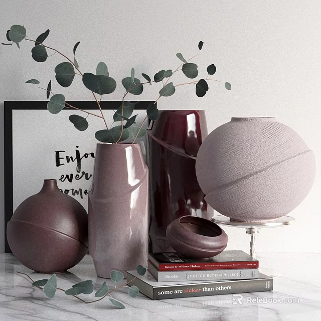 Elegant Lavender And Deep Purple Vase Decor Set With Green Eucalyptus Branches And Stacked Books 3d model 