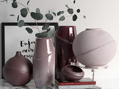 Elegant Lavender And Deep Purple Vase Decor Set With Green Eucalyptus Branches And Stacked Books 3d model
