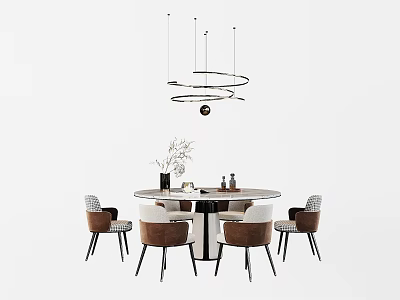 Modern Dining Table Set With Round Table Upholstered Chairs Pendant Light and Decorative Plants 3d model