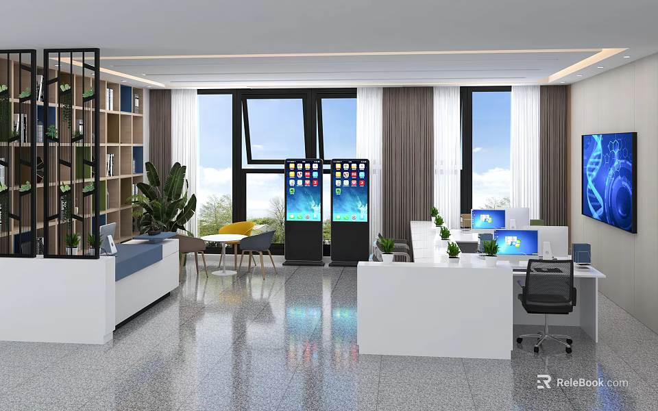 Modern Public Office Space with Desks Computers Plants Large Windows and Bright Lighting 3d model