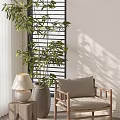 Stylish Lounge Chair With Wooden Frame Linen Cushion And Potted Plant Near Window Lamp