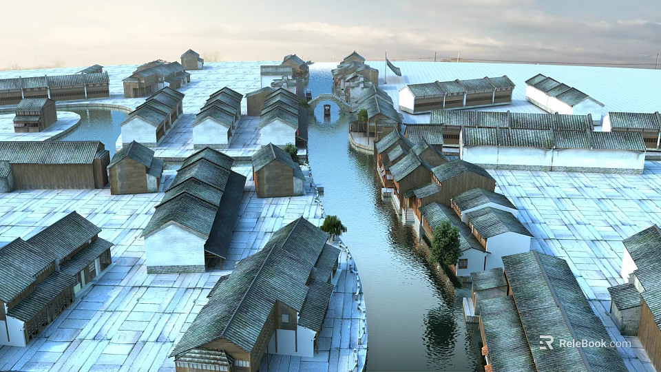 Traditional Water Town Commercial Street With Tile Roofs And Canal Through Buildings 3d model 