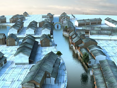 Traditional Water Town Commercial Street With Tile Roofs And Canal Through Buildings 3d model