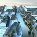 Traditional Water Town Commercial Street With Tile Roofs And Canal Through Buildings