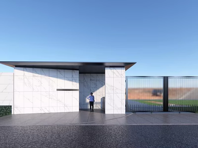 Modern Entrance Gate With White Wall Black Roof And Metal Fence Spacious Blue Sky Background 3d model
