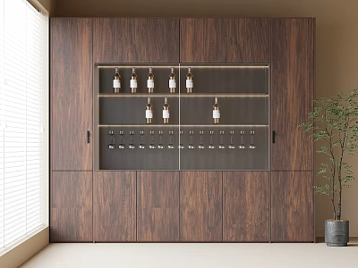 Walnut Wine Cabinet With Glass Doors Displaying Bottles Glasses By Window Blinds And Potted Plant 3d model