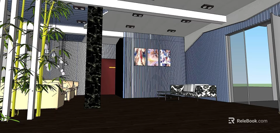 Cozy Lounge Area Interior With Blue Striped Walls Black Marble Columns And Sofa 3d model 