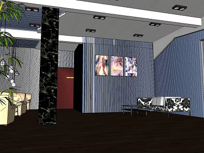Cozy Lounge Area Interior With Blue Striped Walls Black Marble Columns And Sofa 3d model