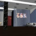Cozy Lounge Area Interior With Blue Striped Walls Black Marble Columns And Sofa