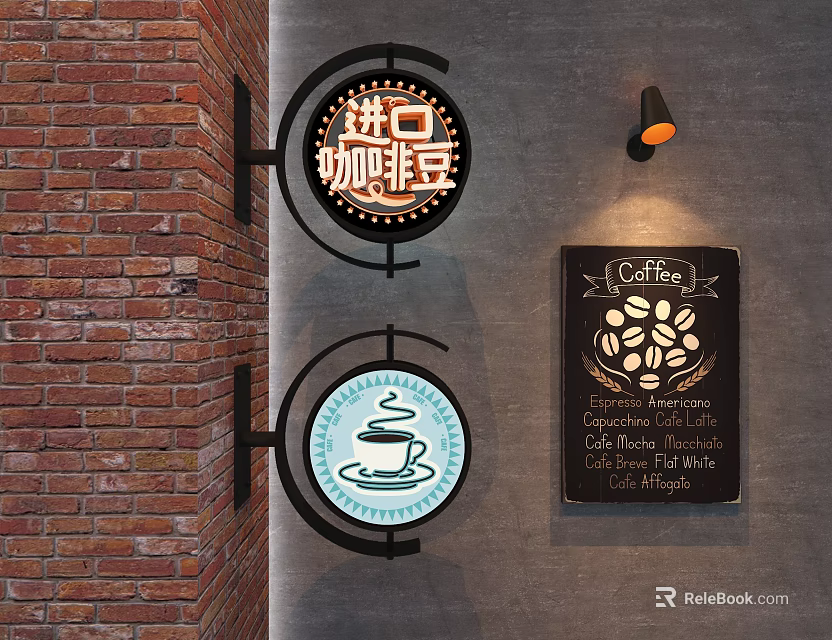 Coffee Shop Wall Hangings With Neon Sign Coffee Cup Design And Chalkboard Menu 3d model 