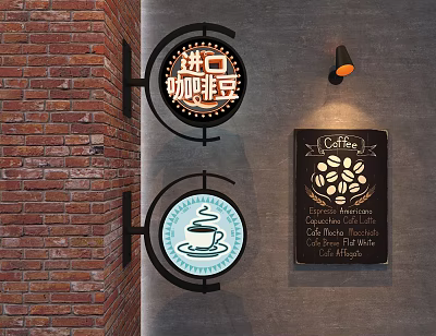 Coffee Shop Wall Hangings With Neon Sign Coffee Cup Design And Chalkboard Menu 3d model