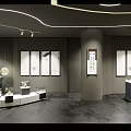 Indoor Exhibition Hall Featuring Carved Columns Gray Floor Curved White Lighting and Display Exhibits