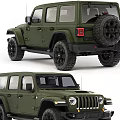 Green Off Road Vehicle With Large Black Wheels Front Grille And Spare Tire