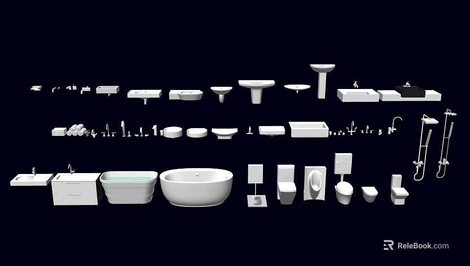 Complete Modern Bathroom Suite With Bathtub Sink Toilet Faucet And Shelves 3d model 