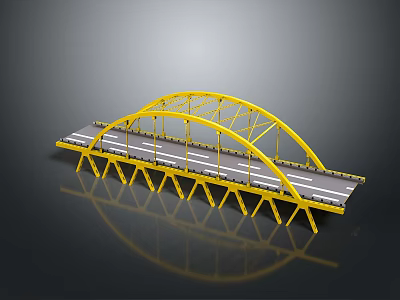 Yellow Steel Arch Bridge Model With Gray Deck And White Lane Lines 3d model