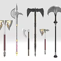 Various Medieval Battle Axes With Metal Blades And Ornate Handles