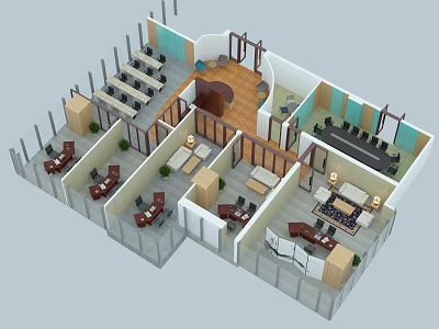 Modern Public Office Space Interior With Open Layout Workstations Lounge Area And Green Plants 3d model