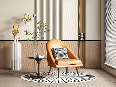 Modern Orange Single Chair With Side Table Plant Decorations On Patterned Rug In Stylish Room 3d model