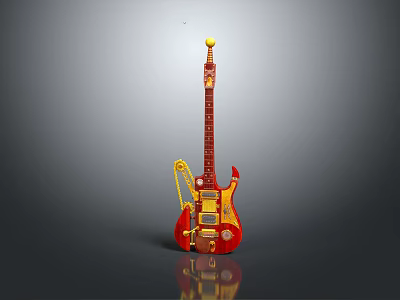 Vibrant Red Yellow Guitar Musical Instrument With Decorative Painting Tools And Art Supplies Design 3d model