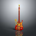 Vibrant Red Yellow Guitar Musical Instrument With Decorative Painting Tools And Art Supplies Design