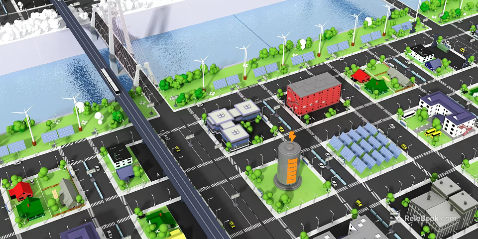 Modern Urban City Layout With Green Spaces Wind Turbines And Solar Panels 3d model 