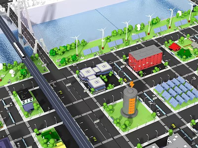 Modern Urban City Layout With Green Spaces Wind Turbines And Solar Panels 3d model