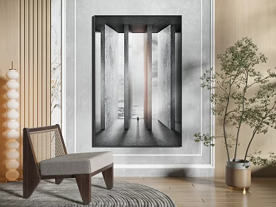Minimalist Interior With Black And White Wall Art Wooden Chair And Potted Plant 3d model